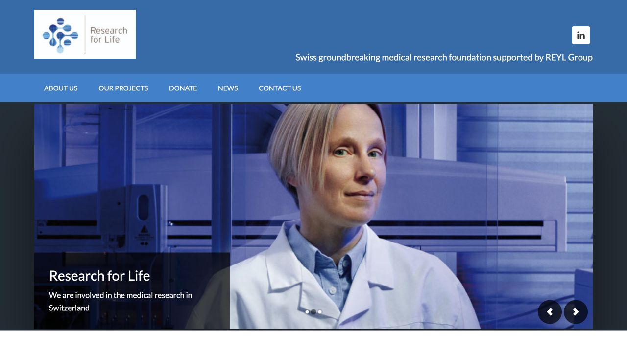 Research for Life homepage with its medical research introduction.