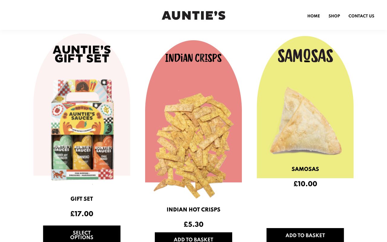Eat With Auntie’s shop with products, prices and add-to-basket actions.